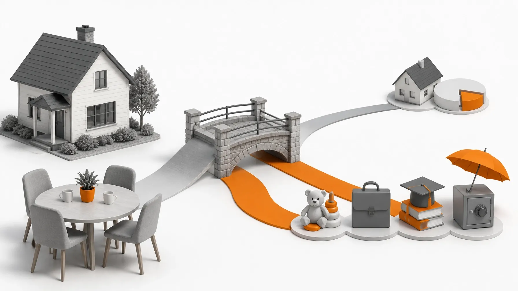 Neutral illustration of a home, family needs, mortgage balance, and household protection planning